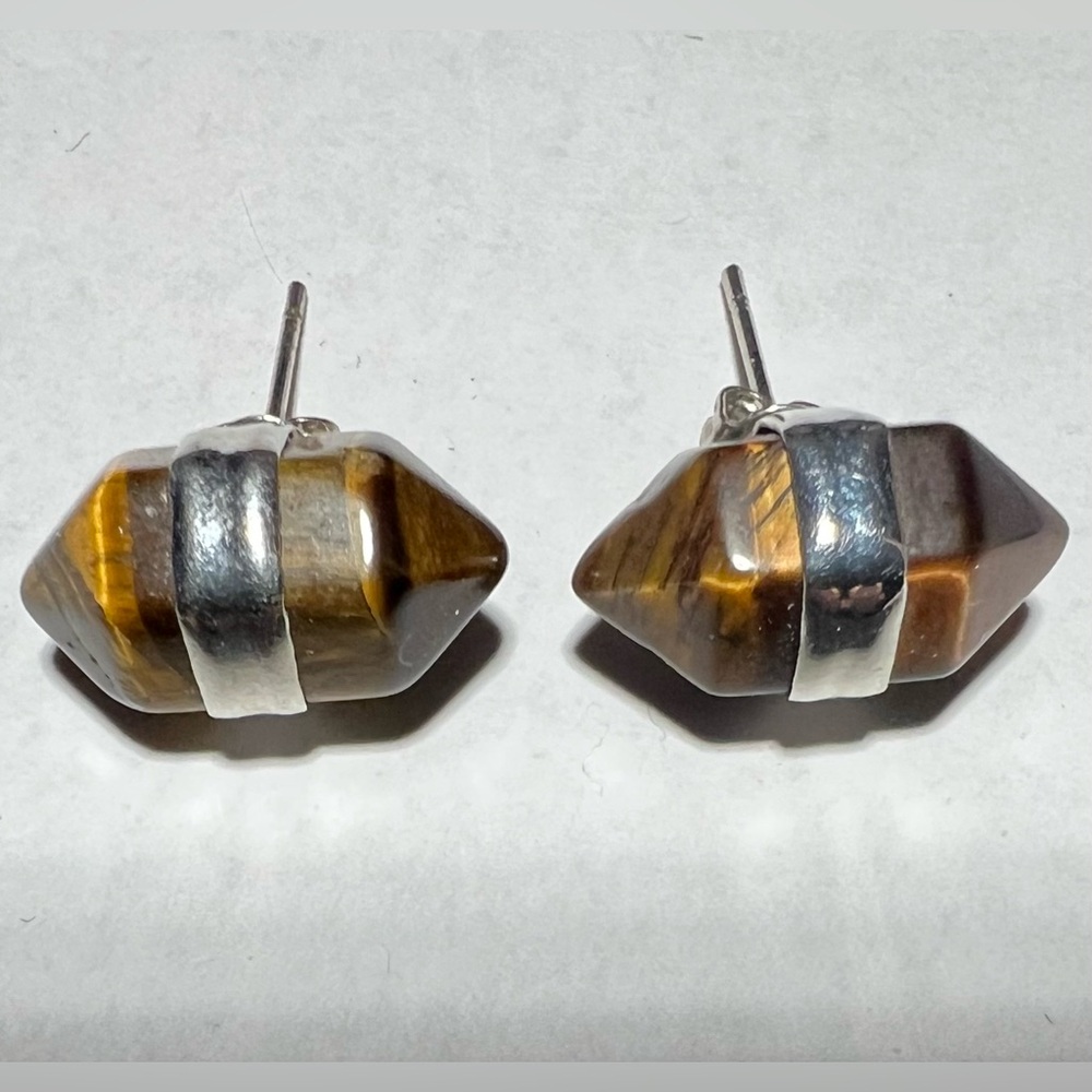 STERLING SILVER AND TIGERS EYE CRYSTAL POINT EARRINGS